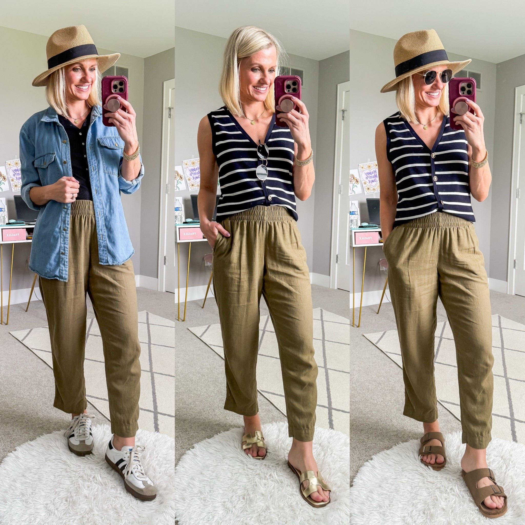 Capsule wardrobe outfit ideas with green linen pants.

#LTKStyleTip #LTKPetite #LTKOver40
