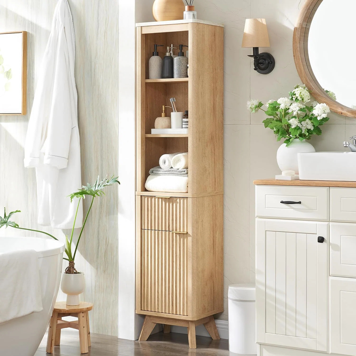 Naina Farmhouse Tall Corner Bathroom Cabinet, Free Standing Toilet Linen Cabinet | Wayfair North America