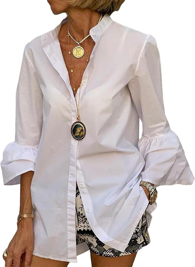 LYANER Women's Flare Long Sleeve Stand Collar Button Down Blouse Shirt Top | Amazon (US)