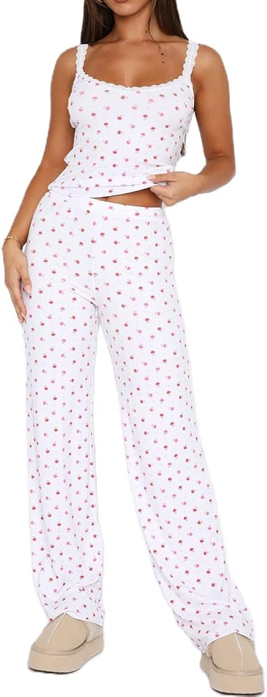 SOLILOQUY Women 2 Piece Pajama Set Sleeveless Lace Patchwork Cami Crop Top and Pants Y2K Floral P... | Amazon (US)