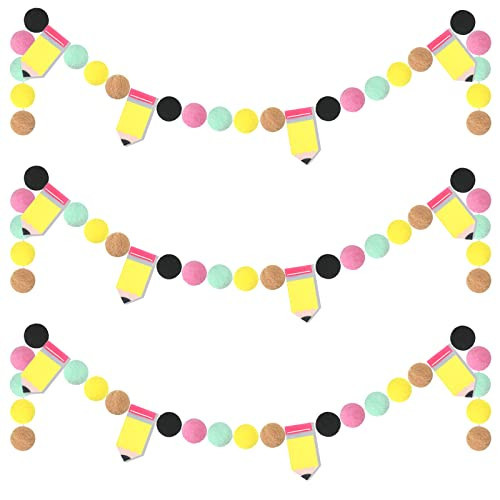 Rtteri 3 Pcs Pencil Felt Garland Pencil Classroom Decor Back to School Decorations Pom Pom Garland Colorful Handmade Hanging Felt Ball for First Day of School Classroom Ambience Celebration Decor | Amazon (US)