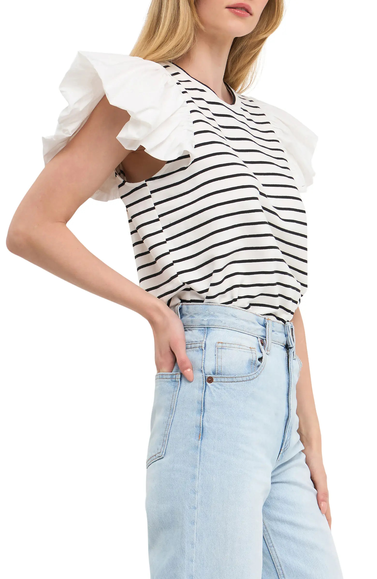 Mixed Media Stripe Ruffle Sleeve Top | Nordstrom