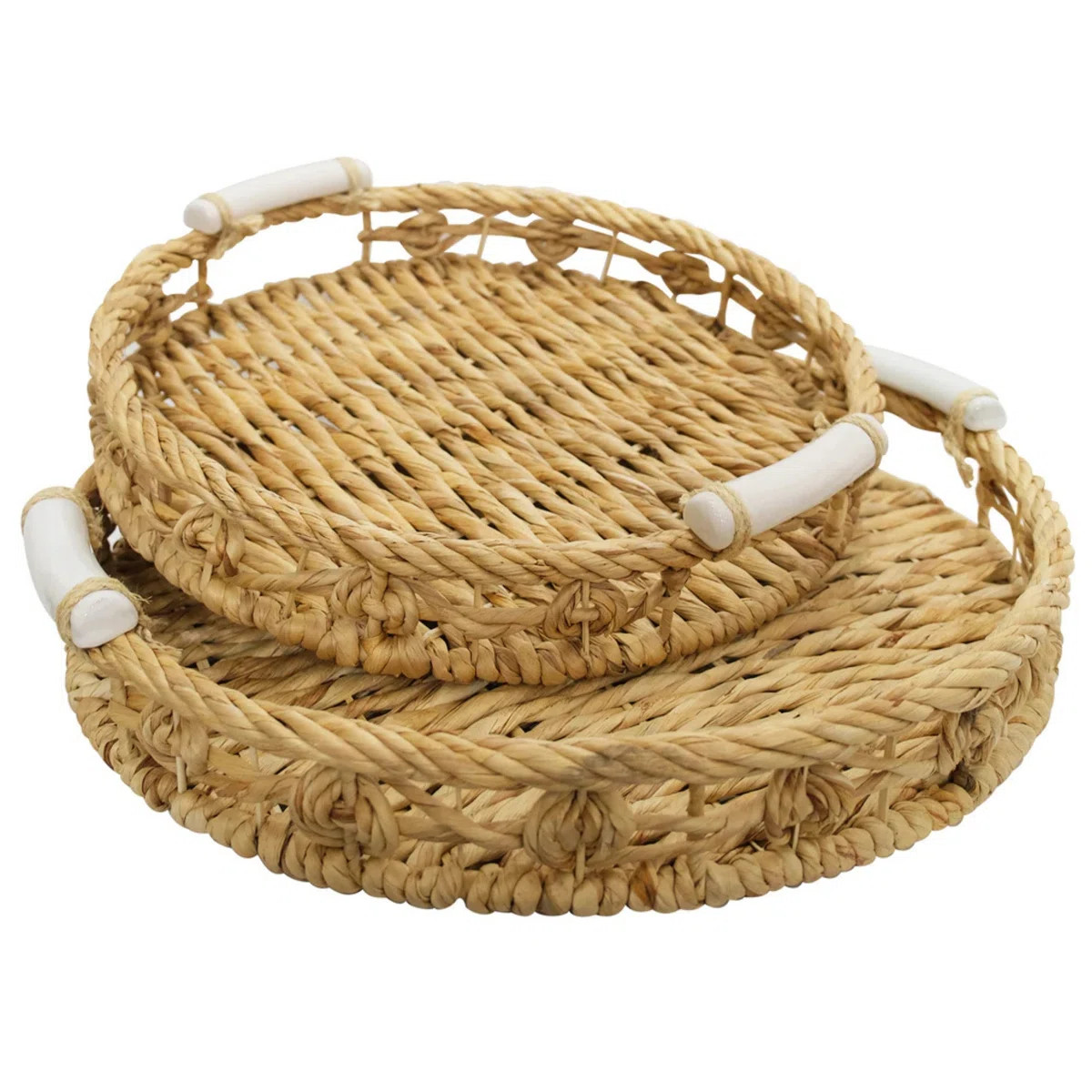 Twisted Water Hyacinth Round Trays With Ceramic Handles Set Of 2 (Set of 2) | Wayfair North America
