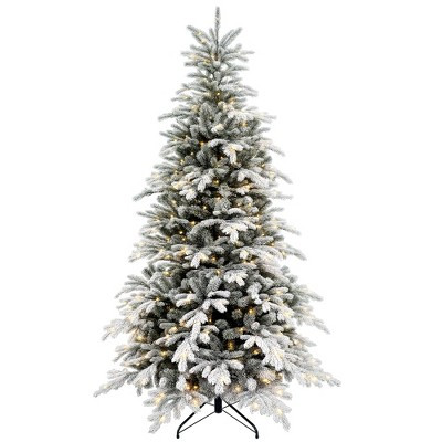 HOMCOM 7ft Prelit Frosted Artificial Christmas Tree with Warm White LED Light, Metal Base, Snow Flocked Branches | Target