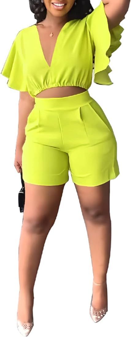 Choichic Short Sets Women 2 Piece Outfits V Neck Ruffle Sleeve Crop Top with High Waisted Shorts ... | Amazon (US)