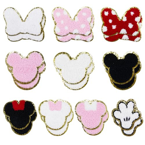 20Pcs Mouse Themed Patch, Pink Mouse Chenille Patches Gold Edges Bowknot Iron On Patch for Bags Hat DIY Clothing Repair | Amazon (US)