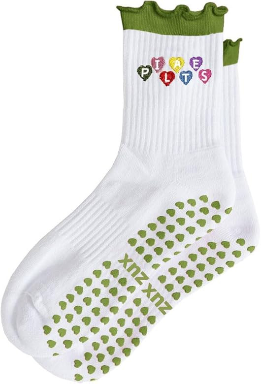 Women Cute Pilates Socks Grip Crew Yoga Socks Ruffle Cuff Embroidery Pattern Workout Ballet Socks | Amazon (US)