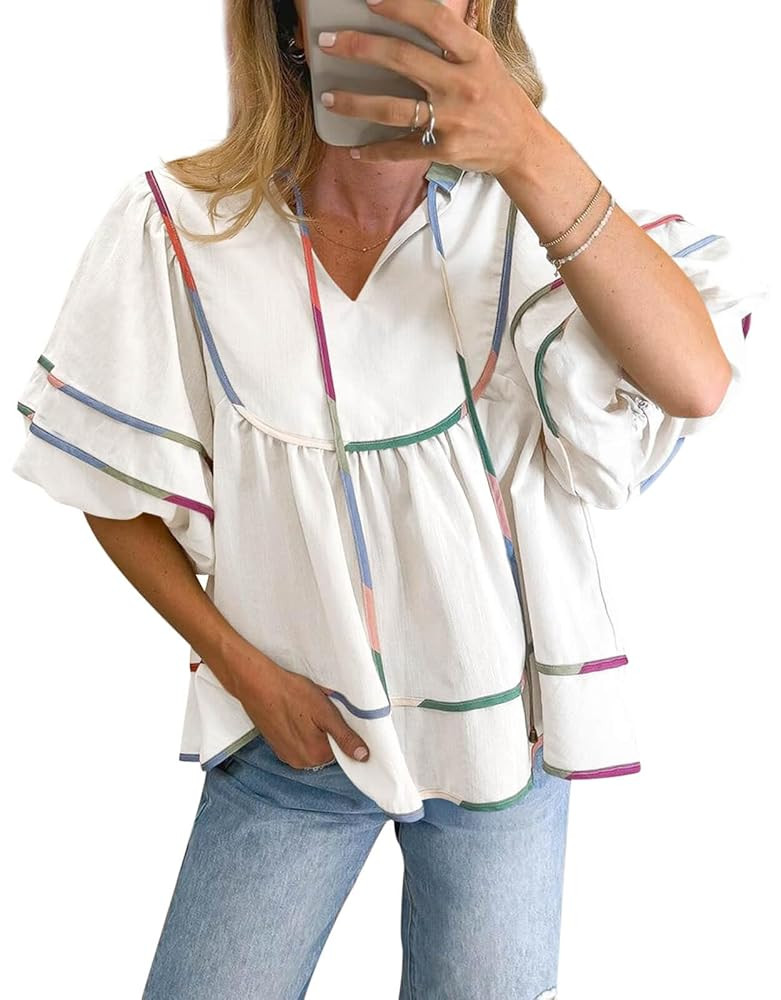 Cicy Bell Womens Summer Babydoll Tops V Neck Short Lantern Sleeve Shirts Cute Loose Fit Peplum Fl... | Amazon (US)