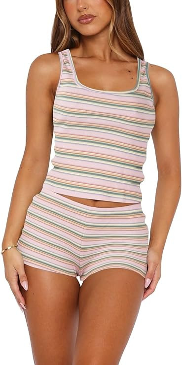 Hafailia Shorts Set Women 2 Piece Outfits - Stripe Casual Y2K Two Pc Sleeveless Tank Crop Tops an... | Amazon (US)