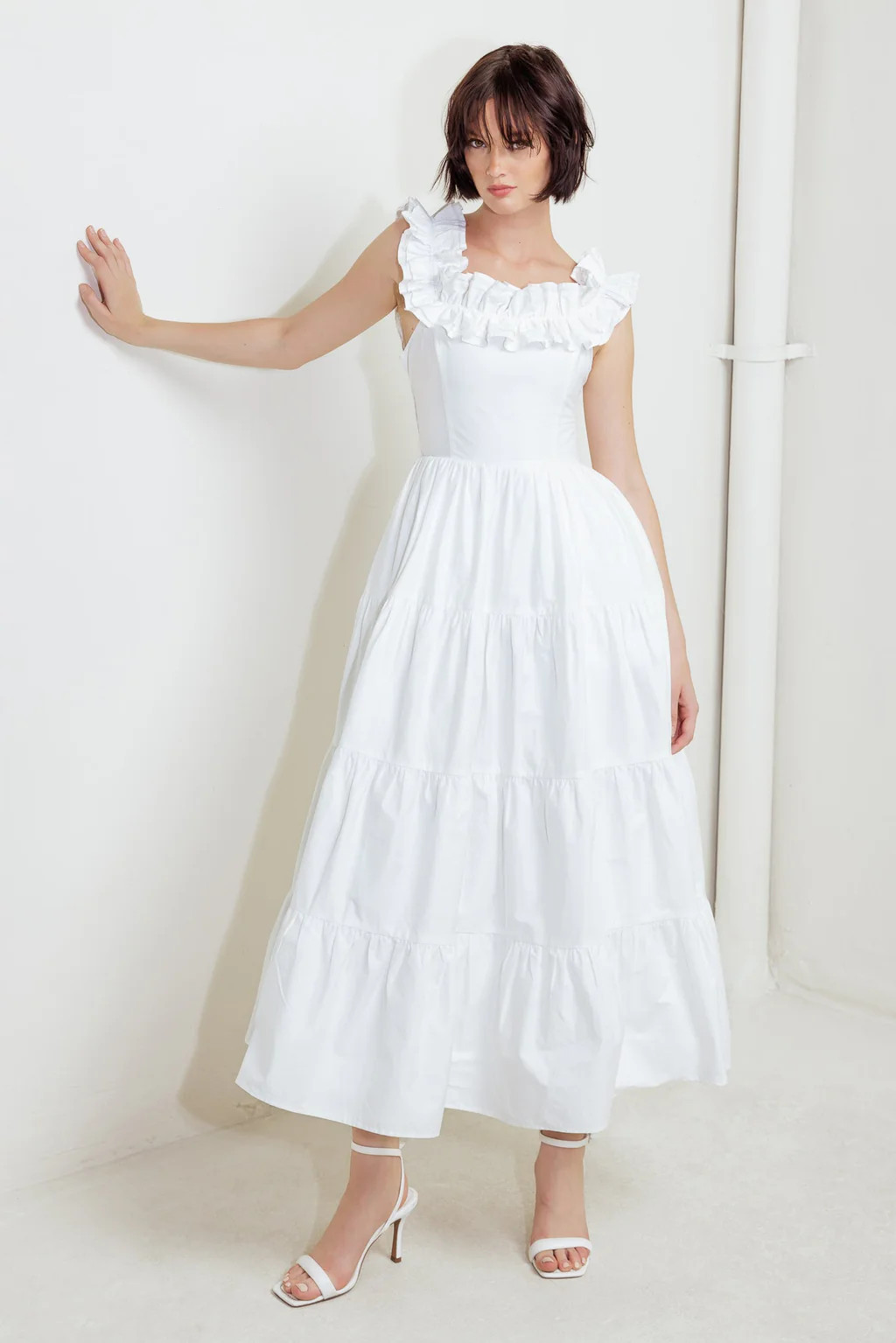 ROMA RUFFLED MIDI DRESS - WHITE | Lady Black Tie