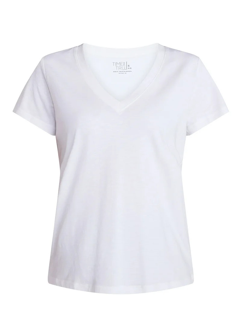 Time and Tru Women's Slub V Neck Tee with Short Sleeves, Sizes XS-XXXL | Walmart (US)