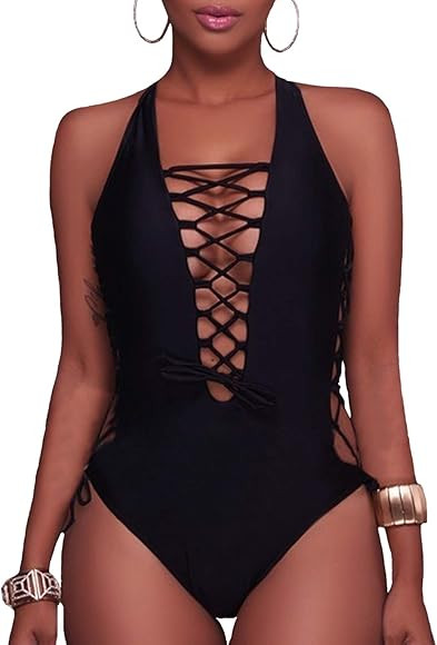 Holipick Women Sexy One Piece Swimsuits Plunge V Neck Bathing Suits Lace up Monokini Strappy Cuto... | Amazon (UK)