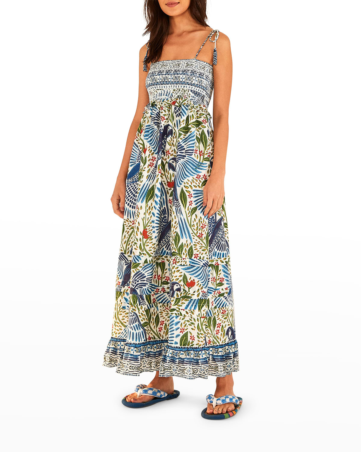 Off-White Macaw Flight Smocked Maxi Dress | Neiman Marcus