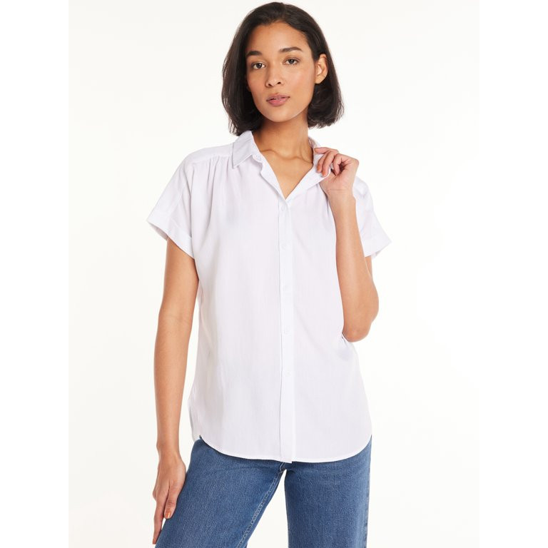 Time and Tru Women's Button Down Camp Shirt with Roll Cuff Sleeves, Sizes XS-XXXL | Walmart (US)