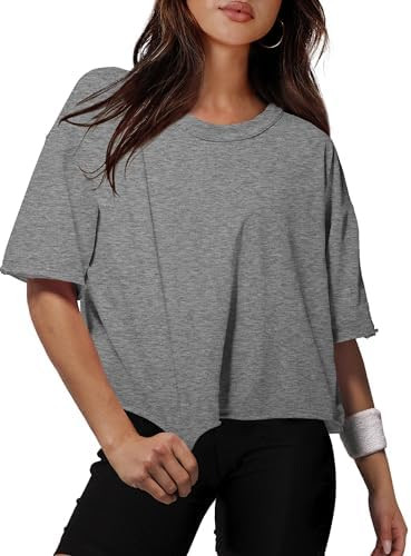 XIEERDUO Cotton Tshirts for Women Drop Shoulder Round Neck Oversized Crop Tops Workout Tops Tees | Amazon (US)