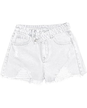 SweatyRocks Women's Casual High Waist Raw Hem Ripped Denim Jean Shorts with Pocket | Amazon (US)