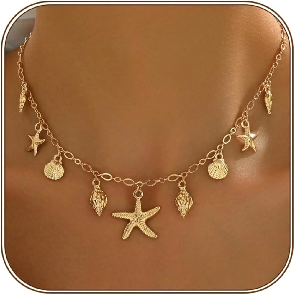 Shell Starfish Necklace for Women, 14k Gold Plated Boho Layered Beaded Charm Pendant Necklace, Da... | Amazon (US)