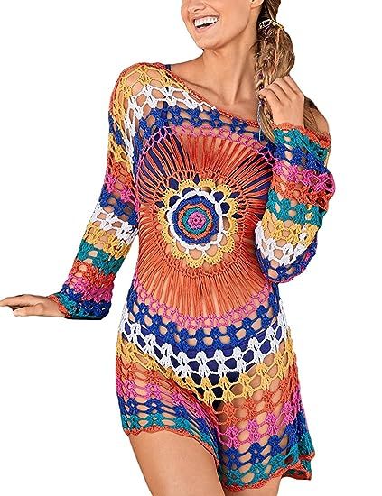 RanRui Women Swimsuit Cover Up Crochet Hollow Out Bell Sleeve Tunic Beach Dress | Amazon (US)