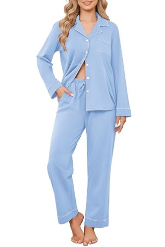 Ekouaer Womens Pajama Sets Cotton PJs 2 Piece Long Sleeve Sleepwear Button Down Tops and Pants Cozy Lounge Set Light Blue XL | Amazon (US)