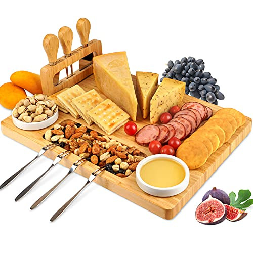 ROYAMY Bamboo Cheese Board Set with 3 Stainless Steel Knife, Meat Charcuterie Platter Serving Tray,  | Amazon (US)