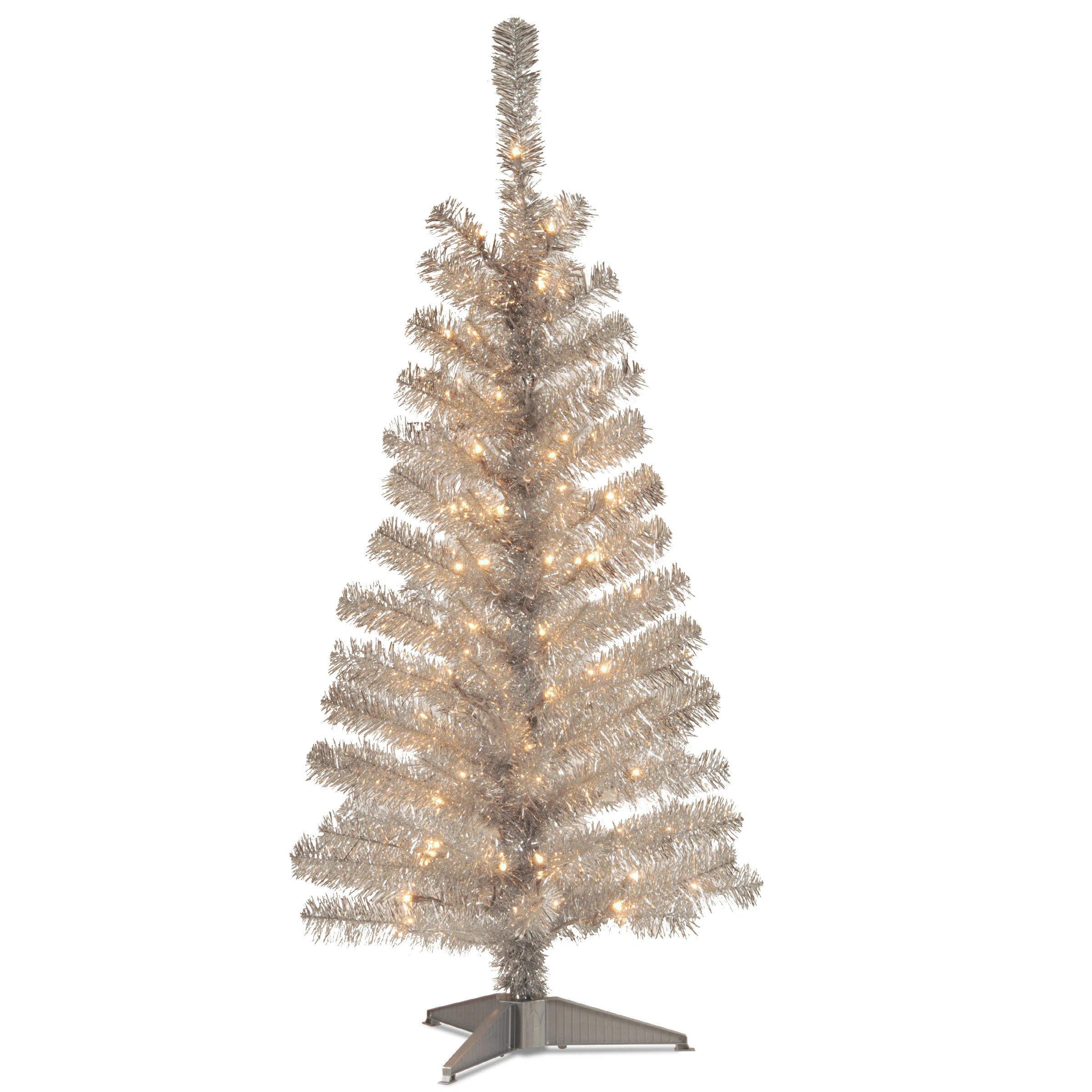 Silver Tinsel Tree with Clear Lights | Wayfair North America