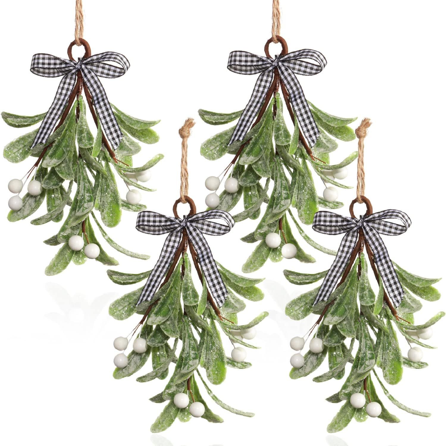 Amazon.com: 4PCS Christmas Artificial Mistletoe Decoration Picks, Buffalo Plaid Bow White Berries... | Amazon (US)