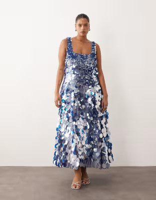 ARRANGE Curve embellished disc sequin square neck full skirt midi dress in blue | ASOS (Global)