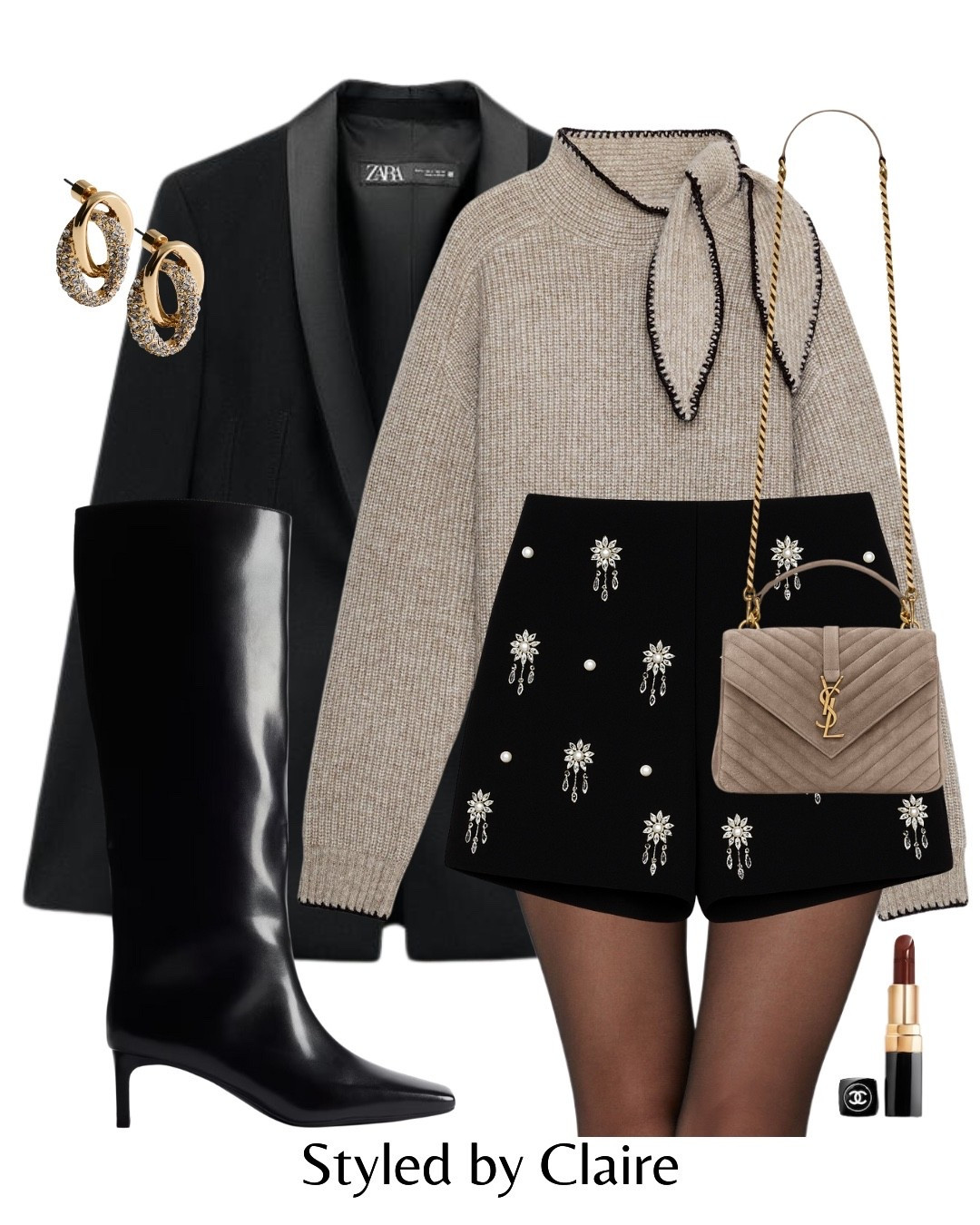 ODD MUSE PARTY✨
Tags: crystal embellished mini shorts black  cardigan bow Zara knee high boots patent white H&M satin collar blazer structured fashion partywear festive Christmas Day inspo outfit ideas sparkle embellished rhinestone chic statement style 

#LTKpartywear #LTKfestive #LTKstyletip