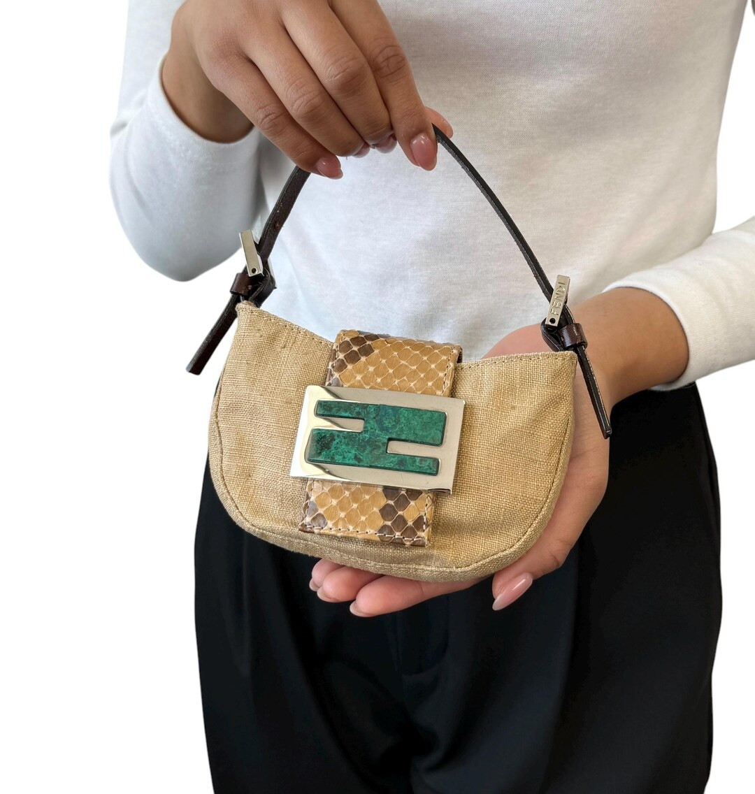FENDI Vintage FF Logo Micro Croissant Mini Bag Pouch Brown Green Linen - Etsy | Etsy (US)