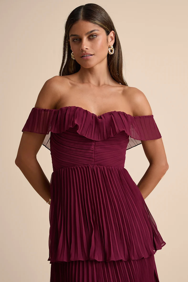 Always Remarkable Burgundy Pleated Off-the-Shoulder Maxi Dress | Lulus