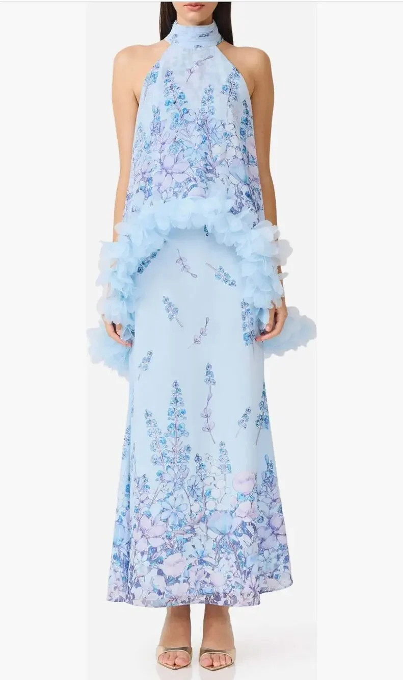 Elliatt Tulsia Floral Georgette Gown Light Blue Ruffle Halter Maxi Dress S | Poshmark