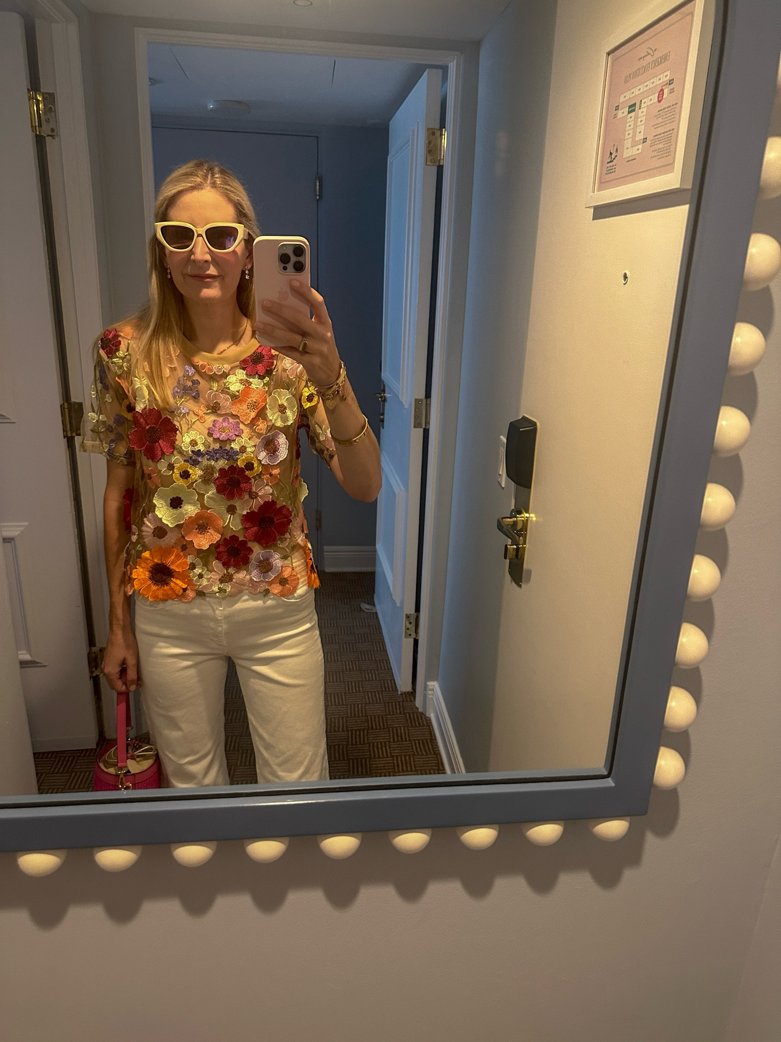 Floral top. White jeans. Anthropologie top 