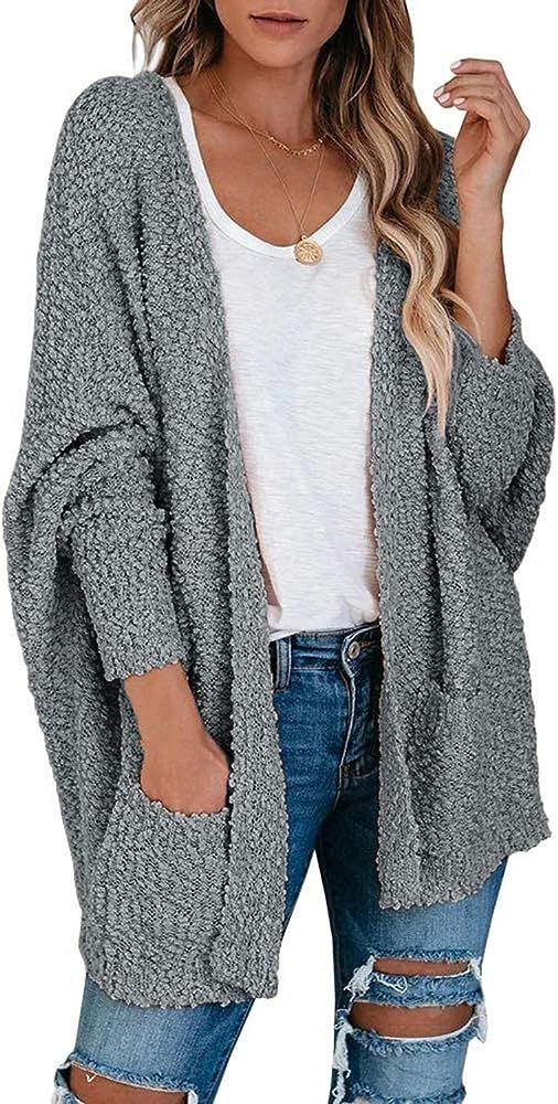 TECREW Women's Fuzzy Popcorn Cardigan Batwing Sleeve Open Front Chunky Pockets Sweater Outwear | Amazon (US)