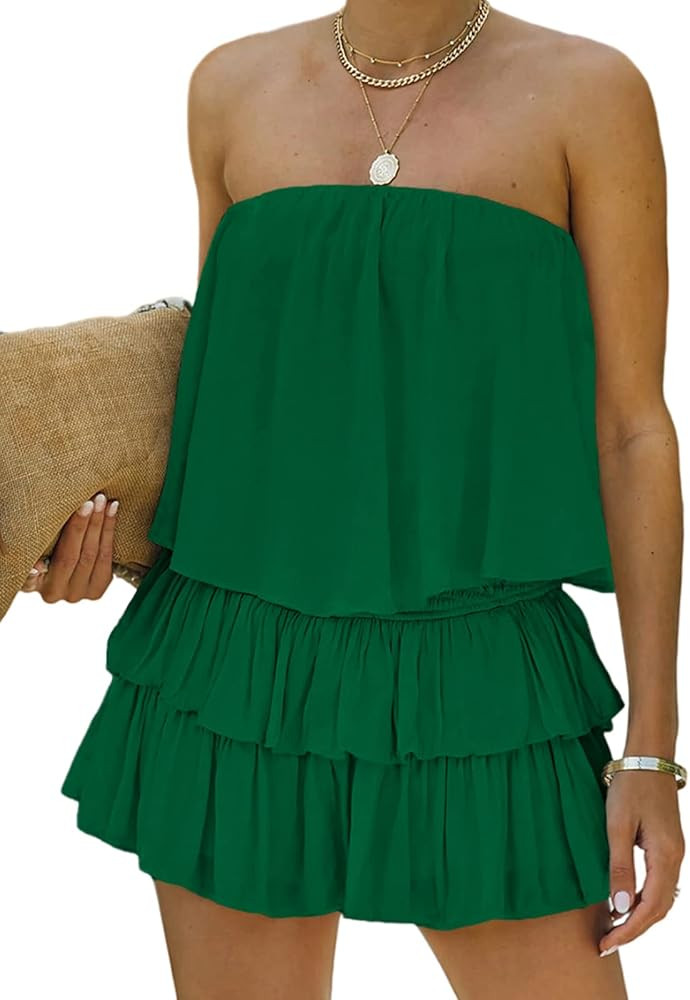 MIRACMODA Women Off The Shoulder Romper Flowy Strapless Smocked Jumpsuit Playsuits Dress | Amazon (US)