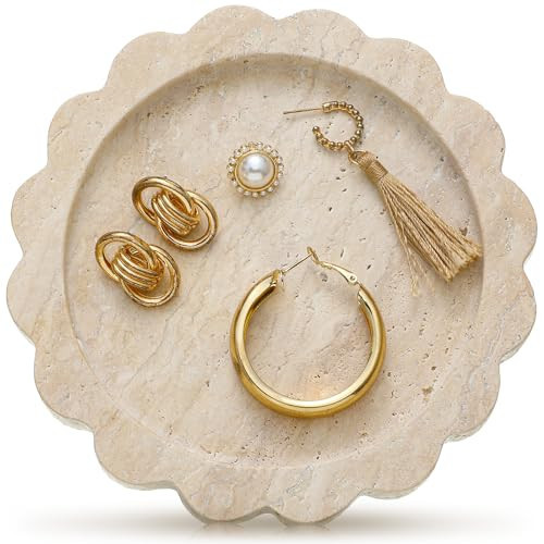 Threehoney 5.5 Inch Small Travertine Scallop Edge Stone Tray Marble Jewelry Dish Trinket Tray for Women, Perfume, Coffee Table(Round) | Amazon (US)