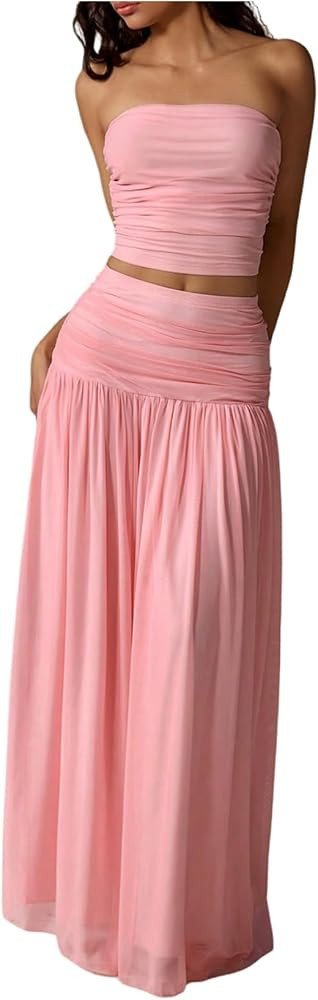 Milumia Women's 2 Piece Outfit Ruched Bandeau Crop Top and Pleated Mesh Long Skirt Set | Amazon (US)