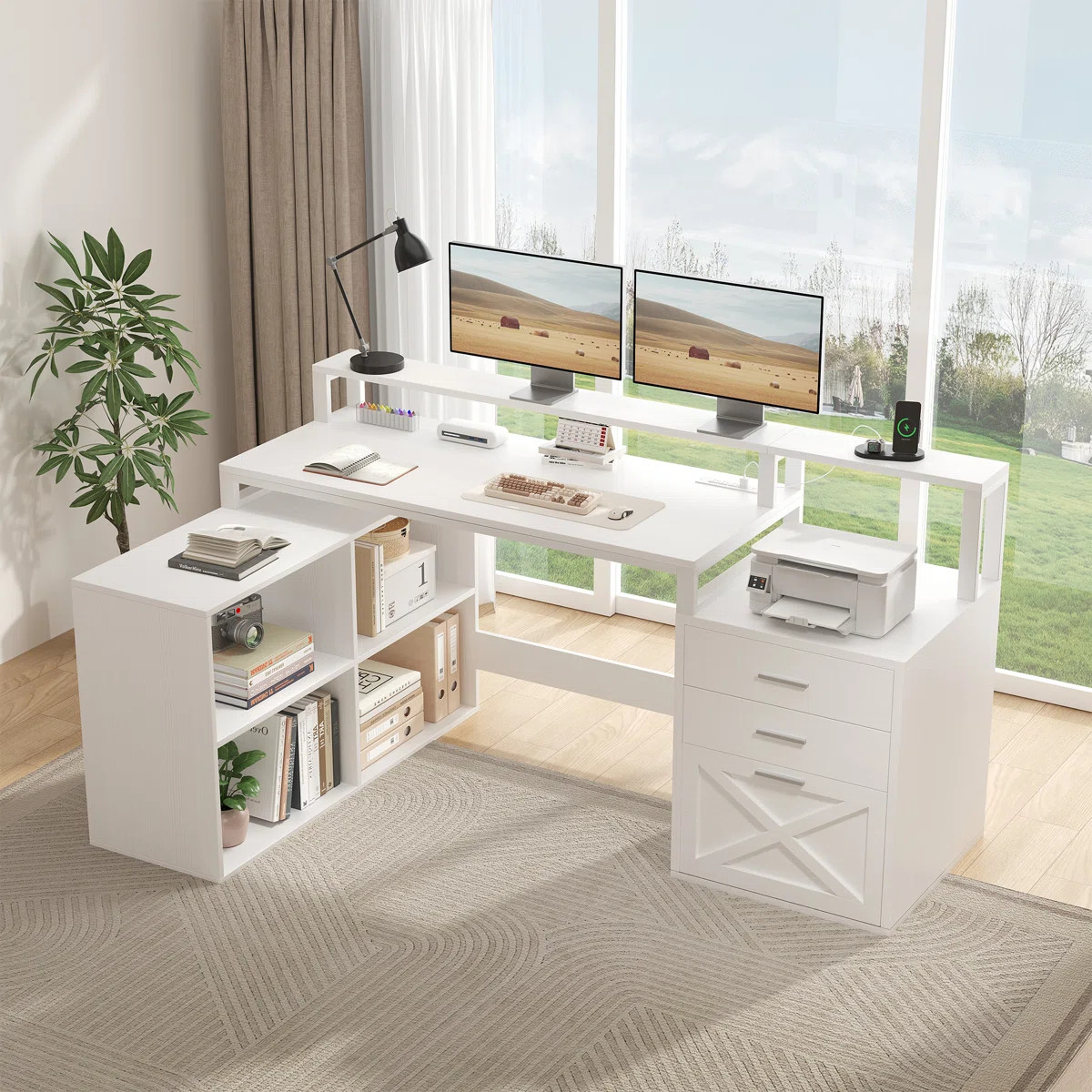 Ravleen 66'' W L-Shaped Computer Desk with Cube Shelves and Cabinet | Wayfair North America