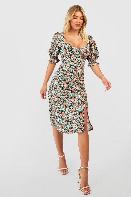 Floral Puff Sleeve Slit Front Midi Dress | Boohoo.com (US & CA)