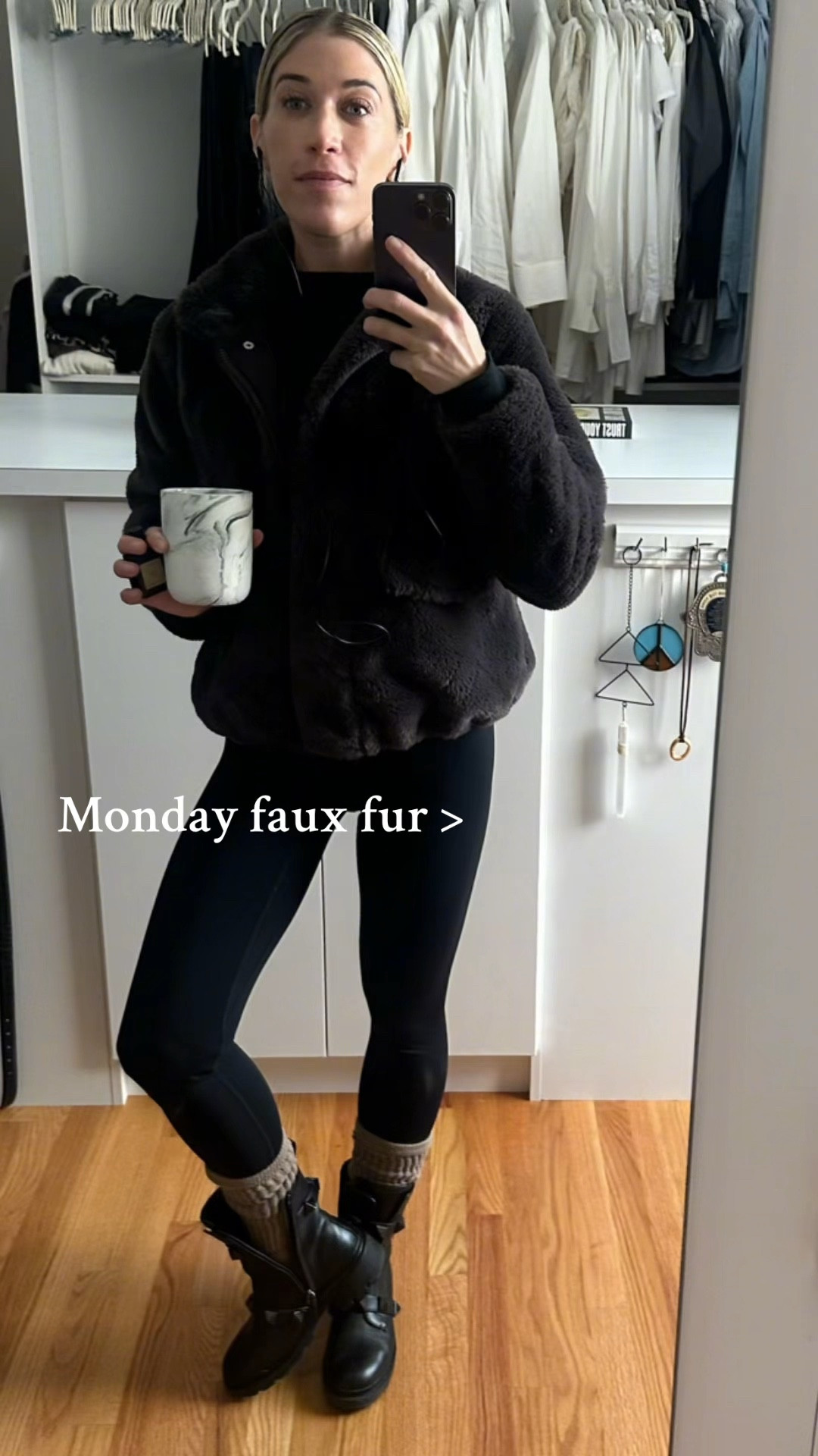 Wearing my black Bandier leggings with a black target sweatshirt, cozy socks, and combat boots …topped with a kids faux fur Zara jacket (!!) because it just works. Listening to my morning news through black headphones (..because the apple the white ones always annoy me style wise…), sipping from my Jennifer Fisher x CB2 coffee mug, and easing into the day (ish)…

#LTKStyleTip #fashion #ootd #nyc #love #looks #ltk #fall #2025 #streetstyle #style #work #LTKStyle #ltkfashion 

#LTKgrwm #LTKBeauty #LTKootd