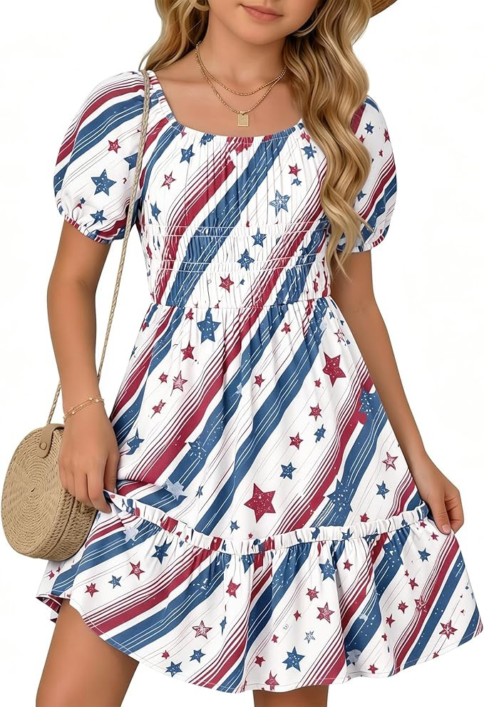 Girl's Floral Dress Kids Short Sleeve Midi Ruffle Flowy Square Neck Independence Day Smocked Casu... | Amazon (US)