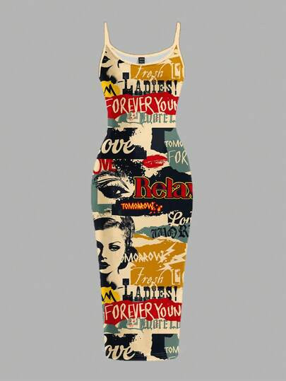Slaydiva Vintage Poster Print Casual Plus Size Dress, Suitable For Music Festivals | SHEIN