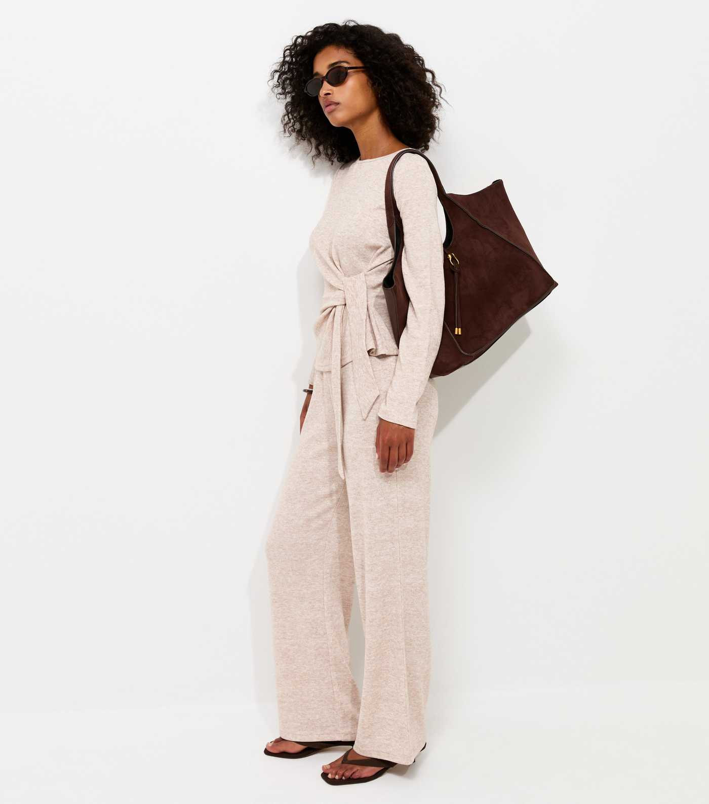 Oatmeal Soft Touch Wide Leg Trousers | New Look | New Look (UK)