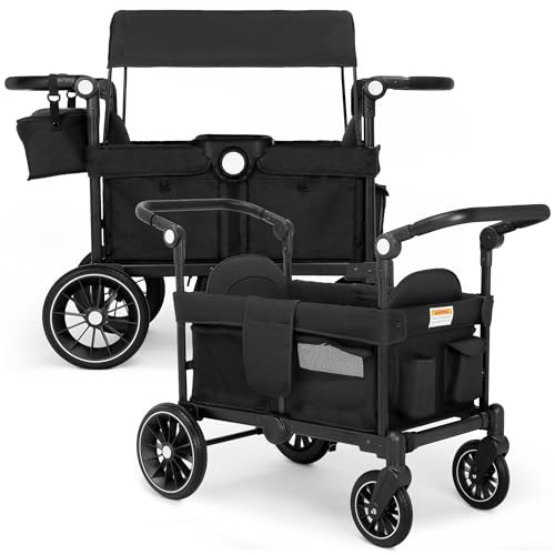 TODEFULL Wagon Stroller for 2 Kids, All-Terrain Stroller Wagon, Foldable Kids Wagon Cart Featuring with Harnesses, Adjustable Double Push Handle, Removable Canopy, Snack Tray, Large Storage Bag, Black | Amazon (US)