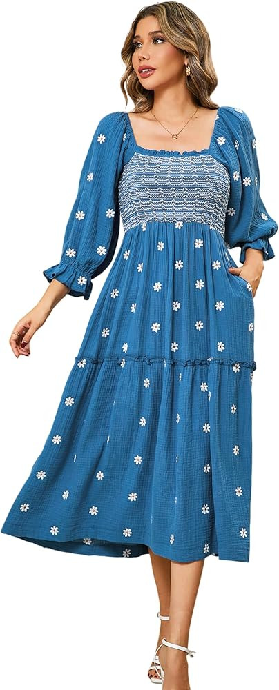 R.Vivimos Women's Long Sleeve Cotton Boho Midi Dress Vintage Square Neck Floral Embroidered Tiere... | Amazon (US)