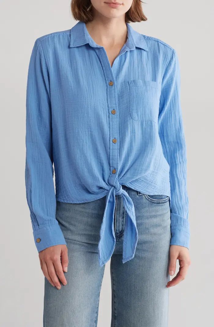 Long Sleeve Tie Hem Cotton Gauze Button-Up Shirt | Nordstrom Rack