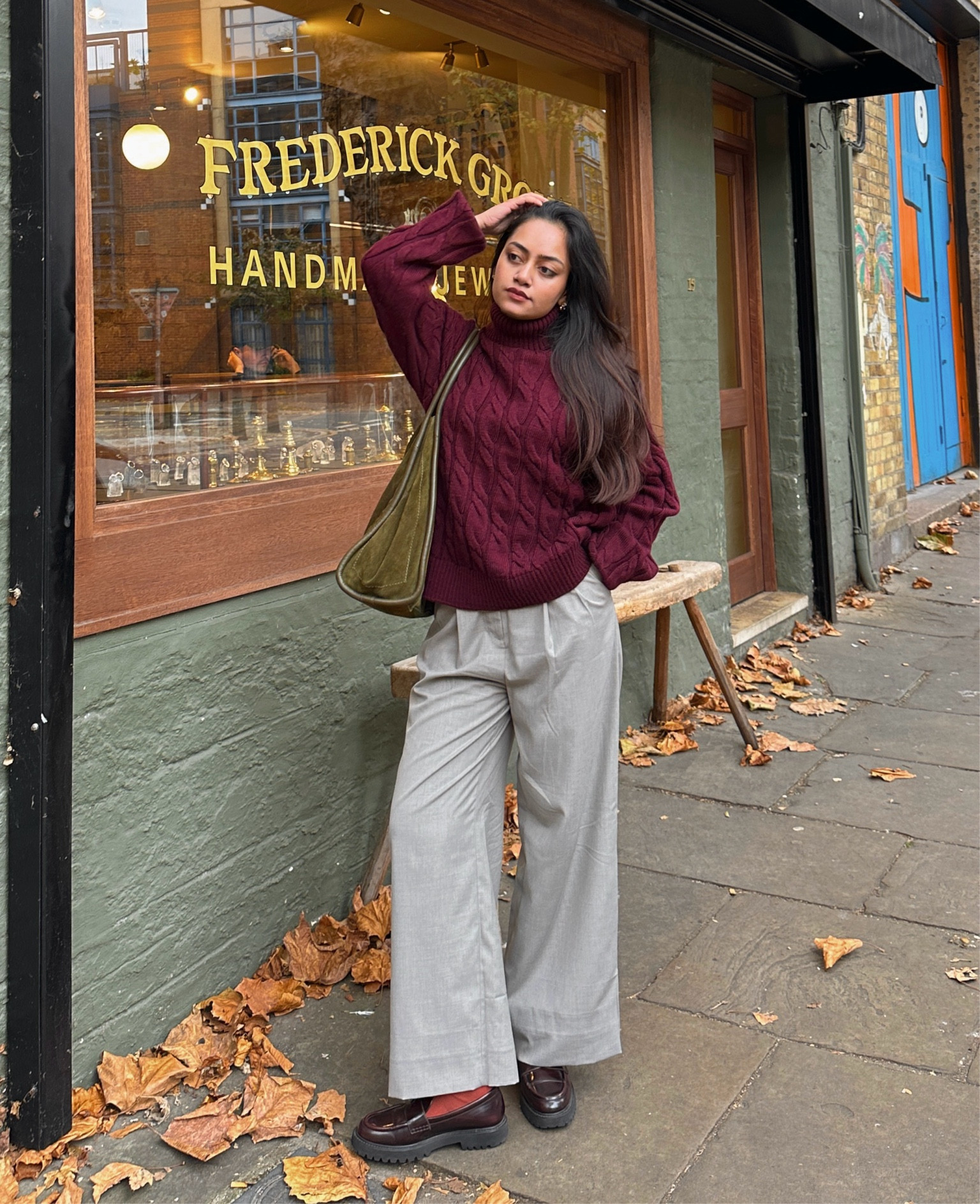Burgundy jumper, cable knit sweater, suede tote bag, olive green 

#LTKwinter #LTKautumn