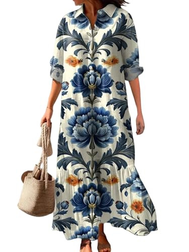 Women's Blue Paisley Floral Print V Neck Maxi Dress,Casual Long Sleeve Button Front Shirt Dress f... | Amazon (US)
