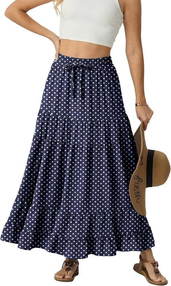 IWOLLENCE Women's Flowy Boho Elastic High Waist Maxi Skirt Floral A-Line Tiered Long Skirts for W... | Amazon (US)