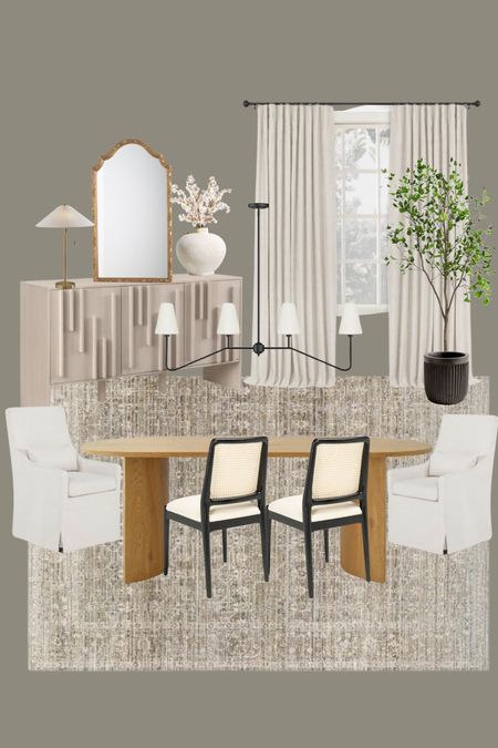 Dining room design, inspiration board, oval dining table, upholstered dining  chairs, whitewashed sideboard, gold mirror, blackout curtains, washable rug 

#LTKstyletip #LTKhome #LTKfindsunder100