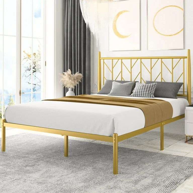 Amolife Full Size Modern Metal Platform Bed Frame, Vintage Style, Gold | Walmart (US)